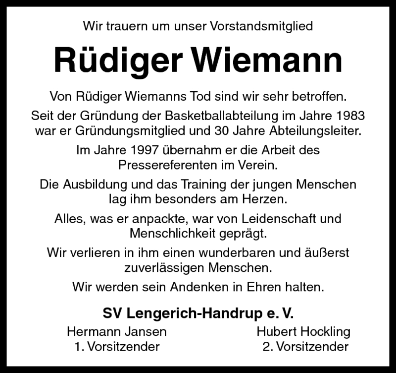  Traueranzeige für Rüdiger Wiemann vom 07.11.2012 aus Neue Osnabrücker Zeitung GmbH & Co. KG