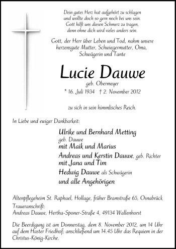 Traueranzeige von Lucie Dauwe von Neue Osnabrücker Zeitung GmbH & Co. KG