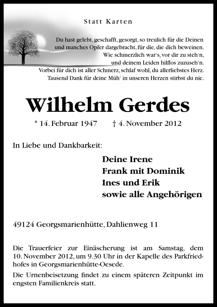  Traueranzeige für Wilhelm Gerdes vom 07.11.2012 aus Neue Osnabrücker Zeitung GmbH & Co. KG