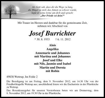 Traueranzeige von Josef Burrichter von Neue Osnabrücker Zeitung GmbH & Co. KG