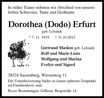 Traueranzeige von Dorothea Erfurt von Neue Osnabrücker Zeitung GmbH & Co. KG