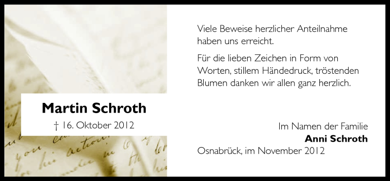  Traueranzeige für Martin Schroth vom 10.11.2012 aus Neue Osnabrücker Zeitung GmbH & Co. KG