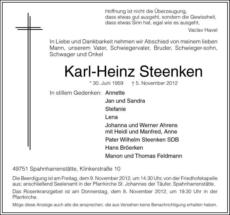  Traueranzeige für Karl-Heinz Steenken vom 08.11.2012 aus Neue Osnabrücker Zeitung GmbH & Co. KG