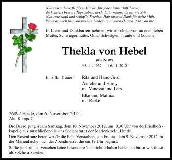 Traueranzeige von Thekla von Hebel von Neue Osnabrücker Zeitung GmbH & Co. KG