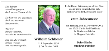 Traueranzeige von Wilhelm Schlömer von Neue Osnabrücker Zeitung GmbH & Co. KG