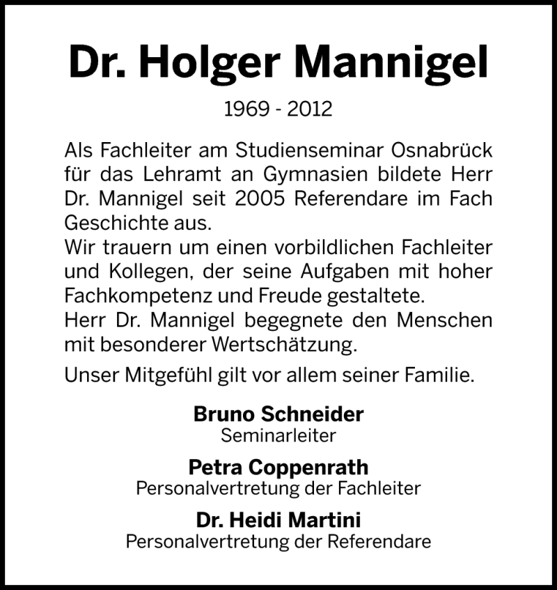  Traueranzeige für Holger Mannigel vom 08.11.2012 aus Neue Osnabrücker Zeitung GmbH & Co. KG