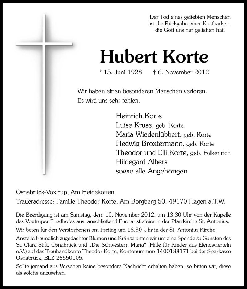  Traueranzeige für Hubert Korte vom 08.11.2012 aus Neue Osnabrücker Zeitung GmbH & Co. KG