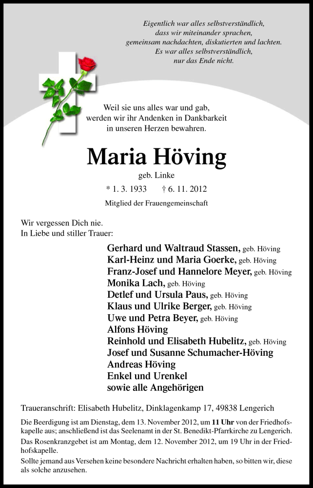  Traueranzeige für Maria Höving vom 09.11.2012 aus Neue Osnabrücker Zeitung GmbH & Co. KG