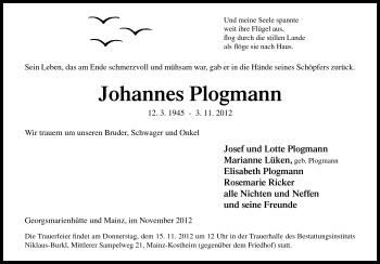 Traueranzeige von Johannes Plogmann von Neue Osnabrücker Zeitung GmbH & Co. KG