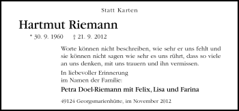 Traueranzeige von Hartmut Riemann von Neue Osnabrücker Zeitung GmbH & Co. KG