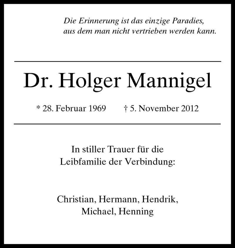  Traueranzeige für Holger Mannigel vom 10.11.2012 aus Neue Osnabrücker Zeitung GmbH & Co. KG