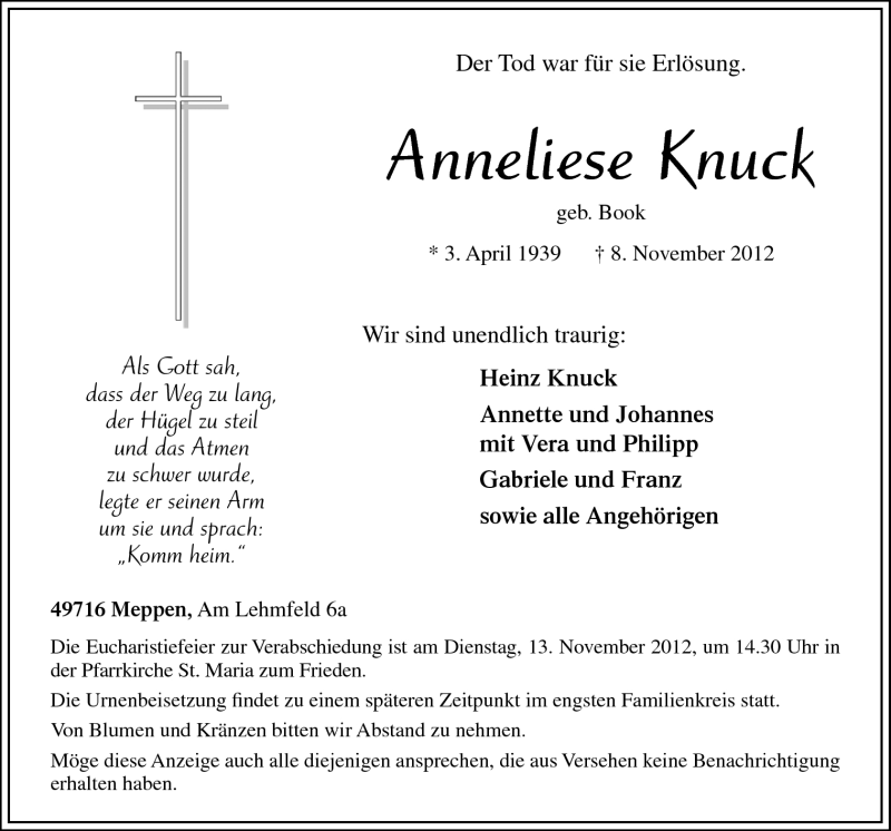  Traueranzeige für Anneliese Knuck vom 10.11.2012 aus Neue Osnabrücker Zeitung GmbH & Co. KG