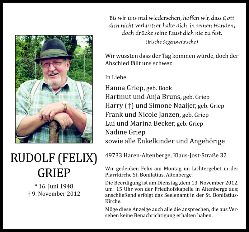  Traueranzeige für Rudolf Griep vom 10.11.2012 aus Neue Osnabrücker Zeitung GmbH & Co. KG