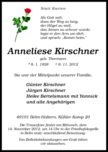 Traueranzeige von Anneliese Kirschner von Neue Osnabrücker Zeitung GmbH & Co. KG