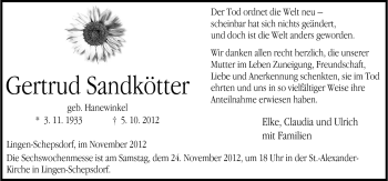 Traueranzeige von Gertrud Sandkötter von Neue Osnabrücker Zeitung GmbH & Co. KG