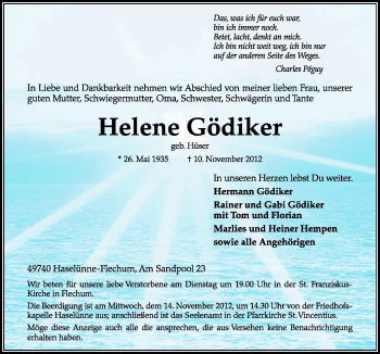 Traueranzeige von Helene Gödiker von Neue Osnabrücker Zeitung GmbH & Co. KG