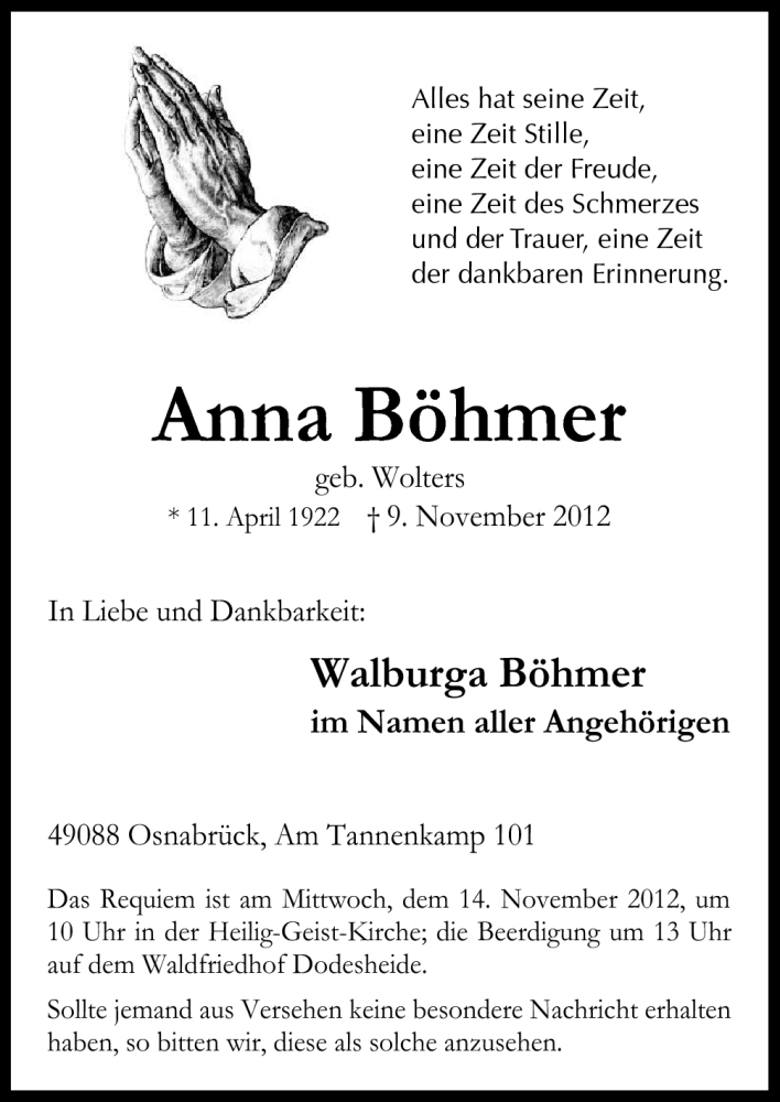  Traueranzeige für Anna Böhmer vom 12.11.2012 aus Neue Osnabrücker Zeitung GmbH & Co. KG