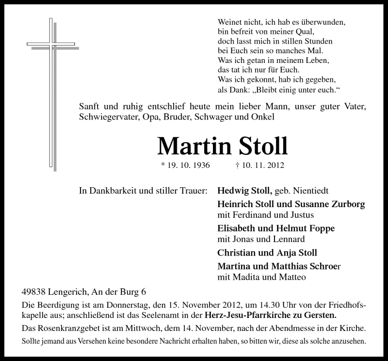  Traueranzeige für Martin Stoll vom 12.11.2012 aus Neue Osnabrücker Zeitung GmbH & Co. KG