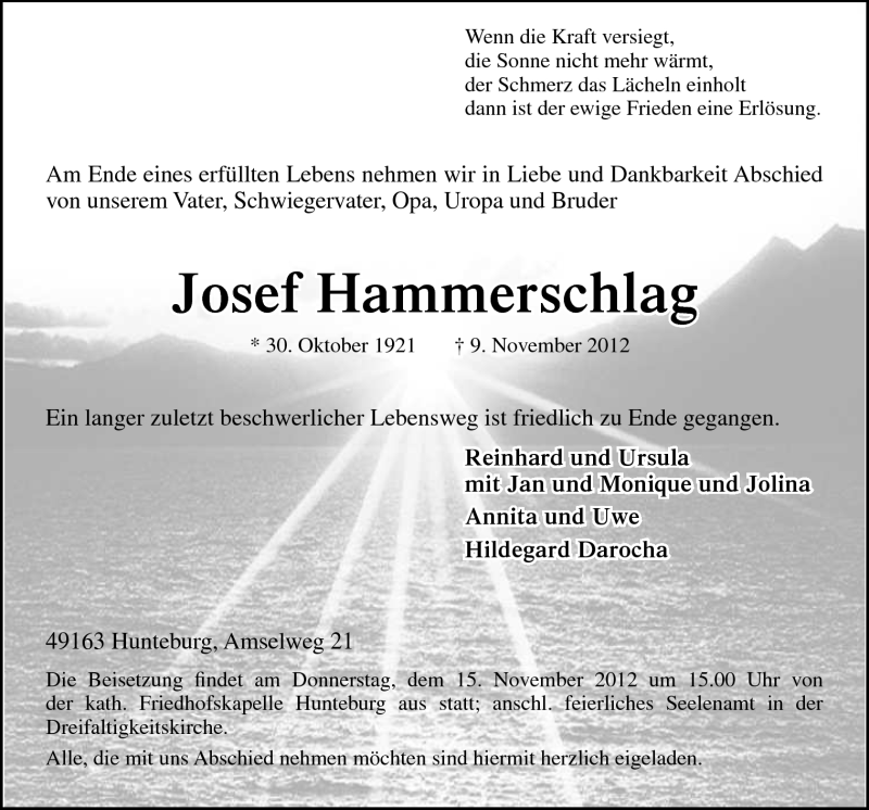 Traueranzeige für Josef Hammerschlag vom 12.11.2012 aus Neue Osnabrücker Zeitung GmbH & Co. KG