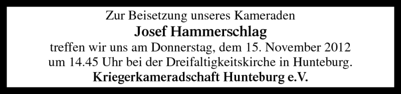  Traueranzeige für Josef Hammerschlag vom 12.11.2012 aus Neue Osnabrücker Zeitung GmbH & Co. KG