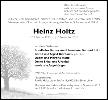 Traueranzeige von Heinz Holtz von Neue Osnabrücker Zeitung GmbH & Co. KG