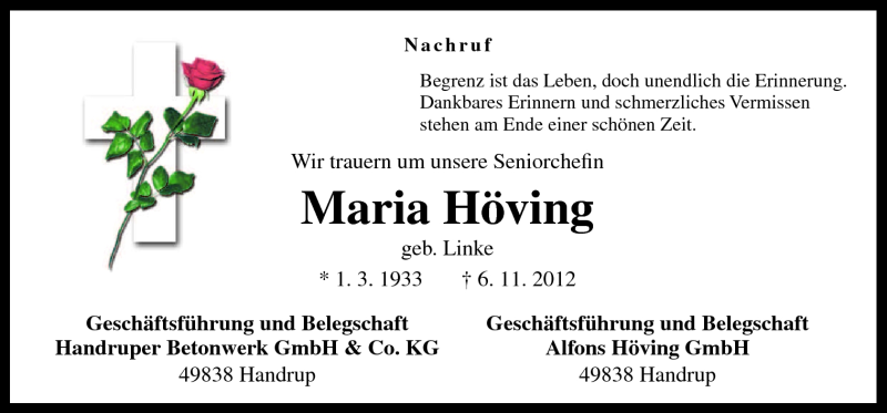  Traueranzeige für Maria Höving vom 13.11.2012 aus Neue Osnabrücker Zeitung GmbH & Co. KG