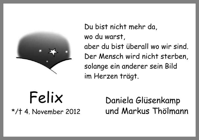  Traueranzeige für Felix  vom 13.11.2012 aus Neue Osnabrücker Zeitung GmbH & Co. KG