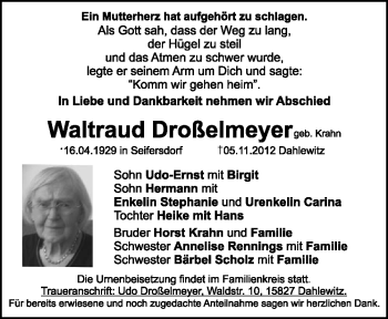 Traueranzeige von Waltraud Droßelmeyer von Neue Osnabrücker Zeitung GmbH & Co. KG