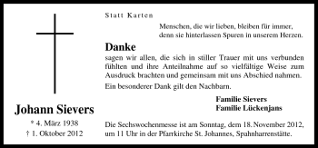Traueranzeige von Johann Sievers von Neue Osnabrücker Zeitung GmbH & Co. KG