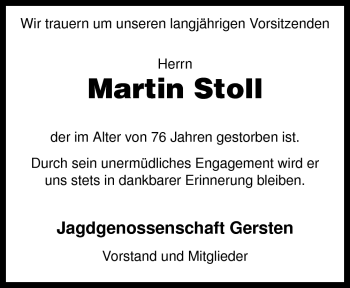 Traueranzeige von Martin Stoll von Neue Osnabrücker Zeitung GmbH & Co. KG