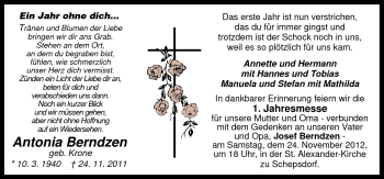 Traueranzeige von Antonia Berndzen von Neue Osnabrücker Zeitung GmbH & Co. KG