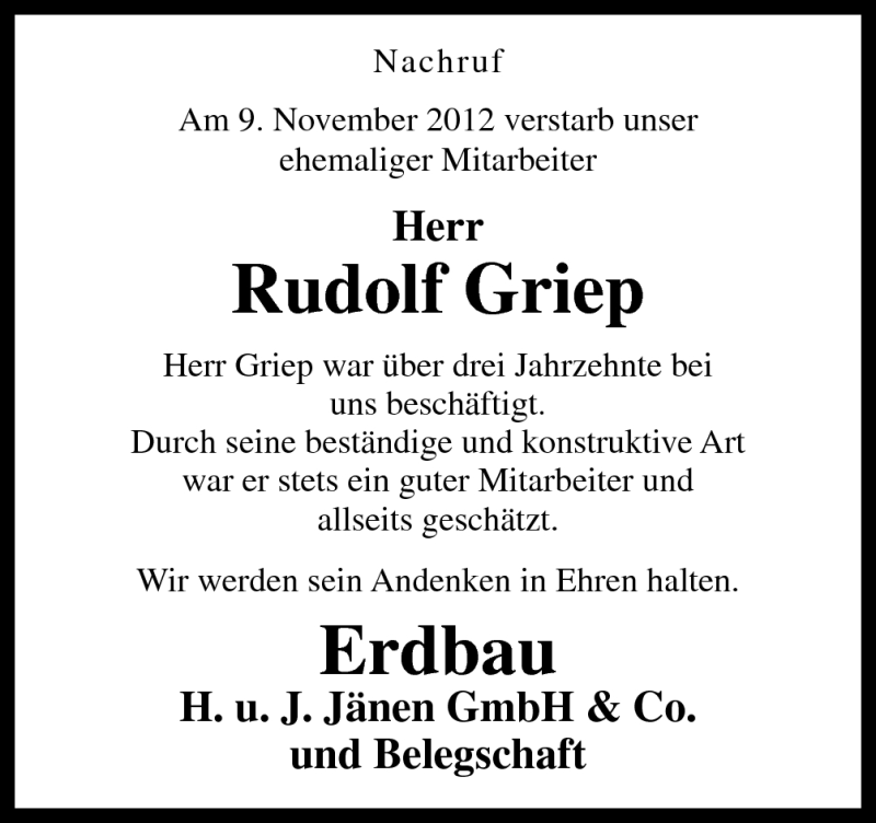  Traueranzeige für Rudolf Griep vom 14.11.2012 aus Neue Osnabrücker Zeitung GmbH & Co. KG