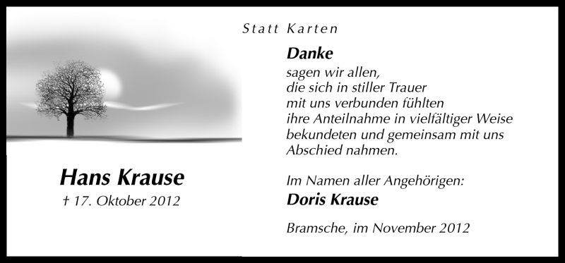  Traueranzeige für Hans Krause vom 23.11.2012 aus Neue Osnabrücker Zeitung GmbH & Co. KG