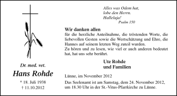 Traueranzeige von Hans Rohde von Neue Osnabrücker Zeitung GmbH & Co. KG