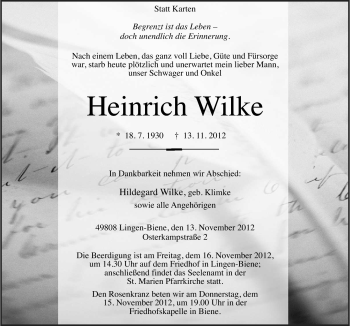 Traueranzeige von Heinrich Wilke von Neue Osnabrücker Zeitung GmbH & Co. KG