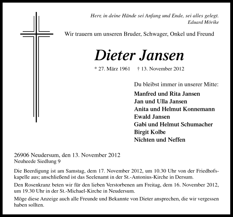  Traueranzeige für Dieter Jansen vom 15.11.2012 aus Neue Osnabrücker Zeitung GmbH & Co. KG