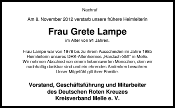 Traueranzeige von Grete Lampe von Neue Osnabrücker Zeitung GmbH & Co. KG