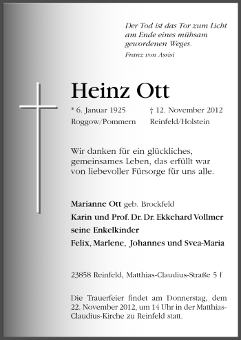 Traueranzeige von Heinz Ott von Neue Osnabrücker Zeitung GmbH & Co. KG