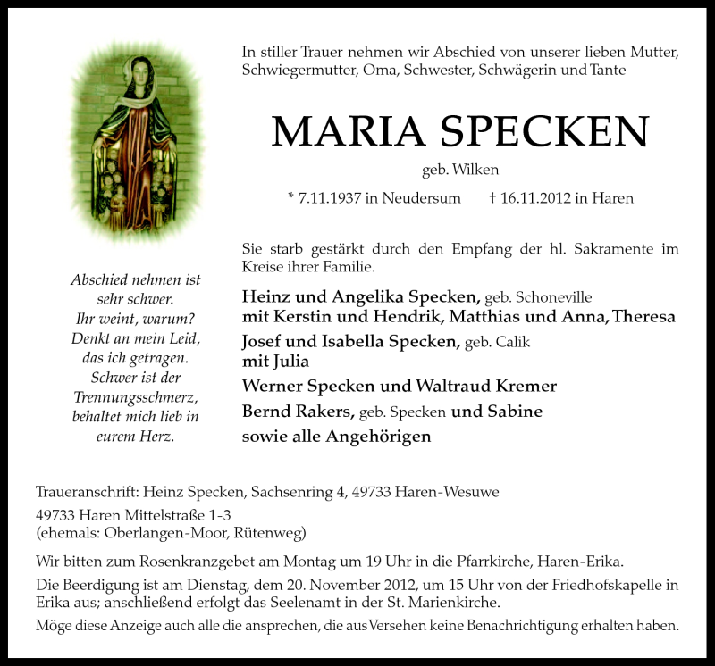  Traueranzeige für Maria Specken vom 17.11.2012 aus Neue Osnabrücker Zeitung GmbH & Co. KG