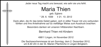 Traueranzeige von Maria Thien von Neue Osnabrücker Zeitung GmbH & Co. KG