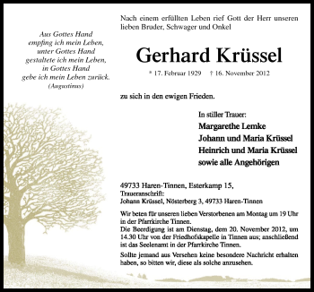 Traueranzeige von Gerhard Krüssel von Neue Osnabrücker Zeitung GmbH & Co. KG