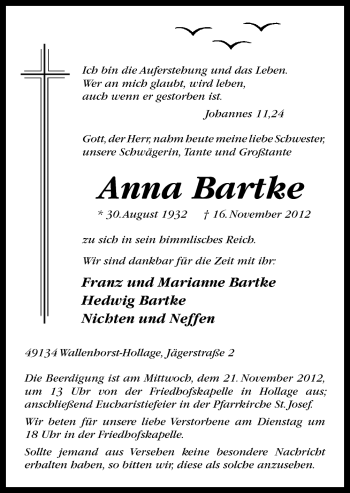 Traueranzeige von Anna Bartke von Neue Osnabrücker Zeitung GmbH & Co. KG