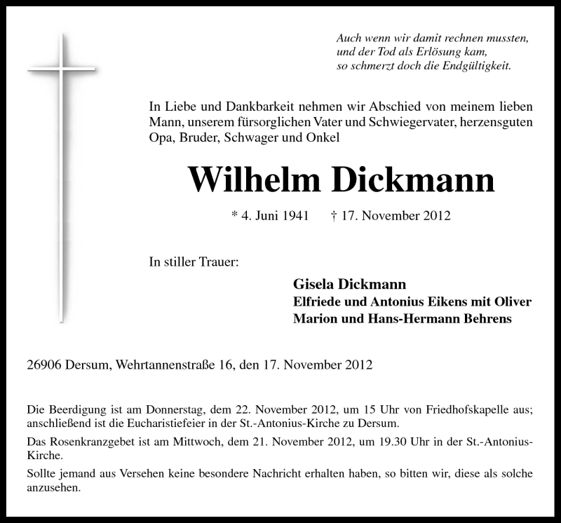  Traueranzeige für Wilhelm Dickmann vom 20.11.2012 aus Neue Osnabrücker Zeitung GmbH & Co. KG