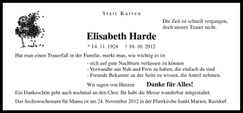 Traueranzeige von Elisabeth Harde von Neue Osnabrücker Zeitung GmbH & Co. KG