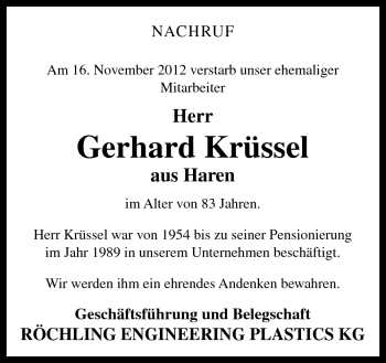 Traueranzeige von Gerhard Krüssel von Neue Osnabrücker Zeitung GmbH & Co. KG