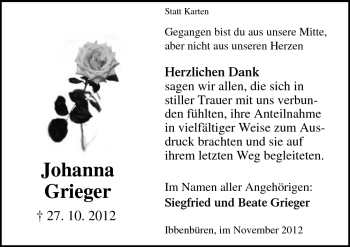 Traueranzeige von Johanna Grieger von Neue Osnabrücker Zeitung GmbH & Co. KG