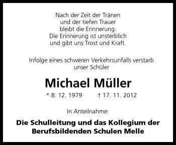 Traueranzeige von Michael Müller von Neue Osnabrücker Zeitung GmbH & Co. KG