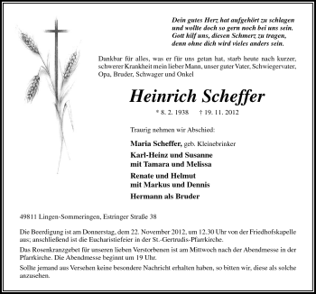 Traueranzeige von Heinrich Scheffer von Neue Osnabrücker Zeitung GmbH & Co. KG