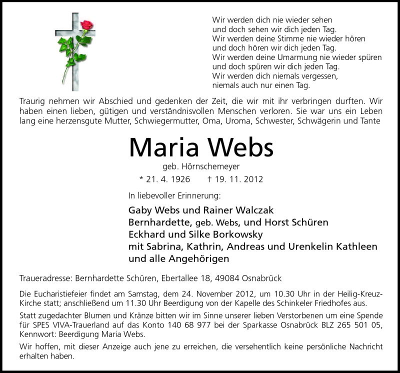  Traueranzeige für Maria Webs vom 21.11.2012 aus Neue Osnabrücker Zeitung GmbH & Co. KG