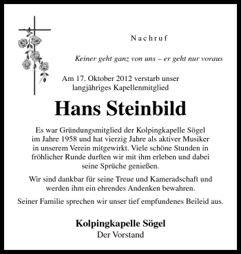 Traueranzeige von Hans Steinbild von Neue Osnabrücker Zeitung GmbH & Co. KG